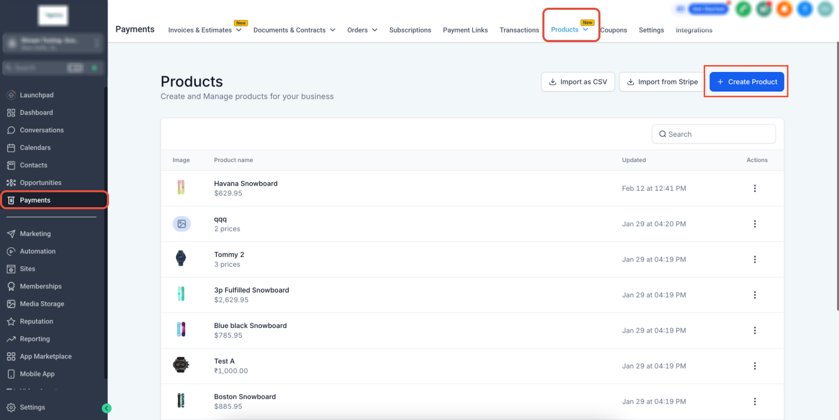 Products page
