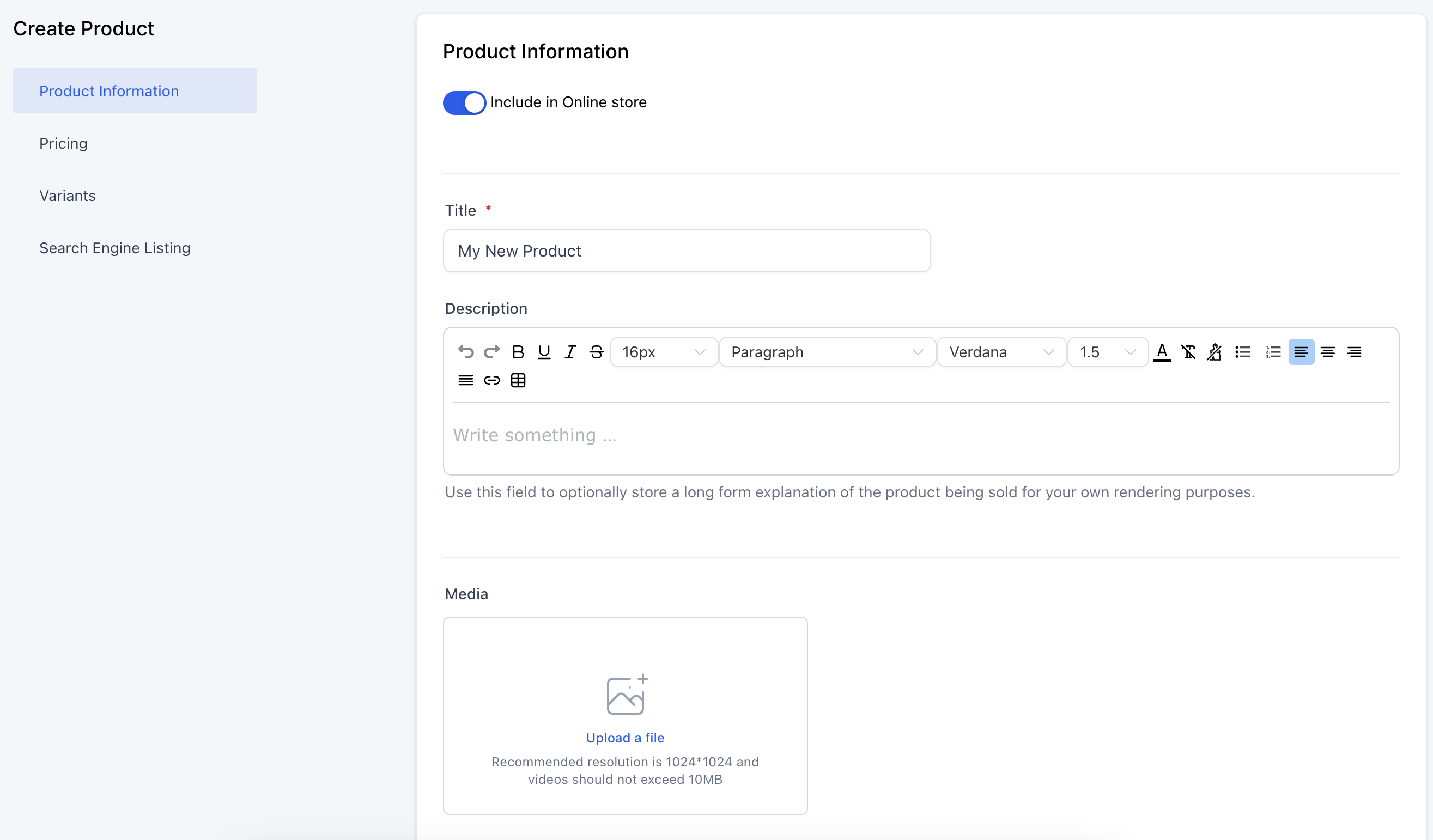 Product editor screen