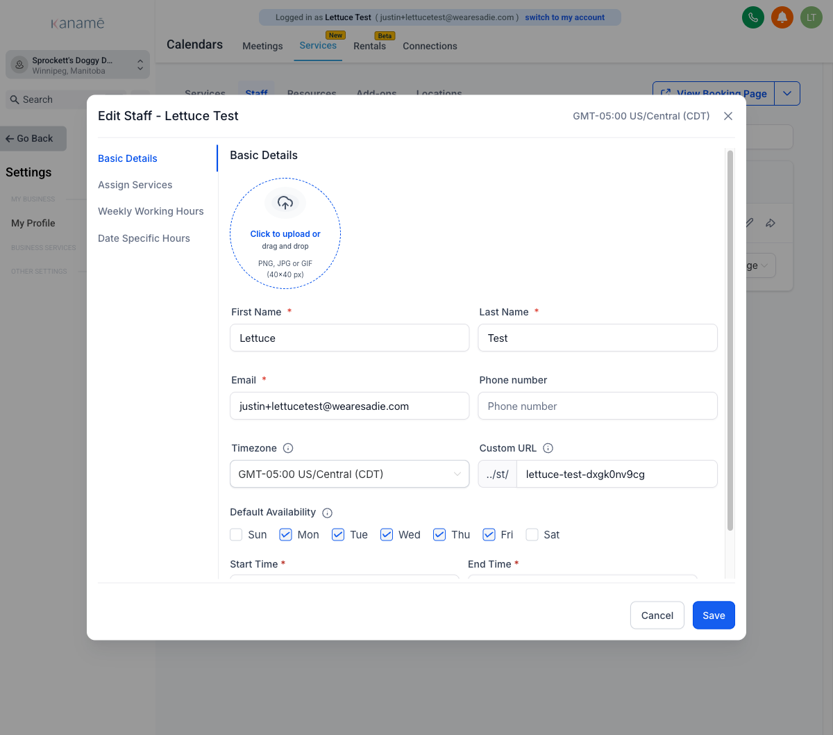 Editing a staff profile — name, email, role