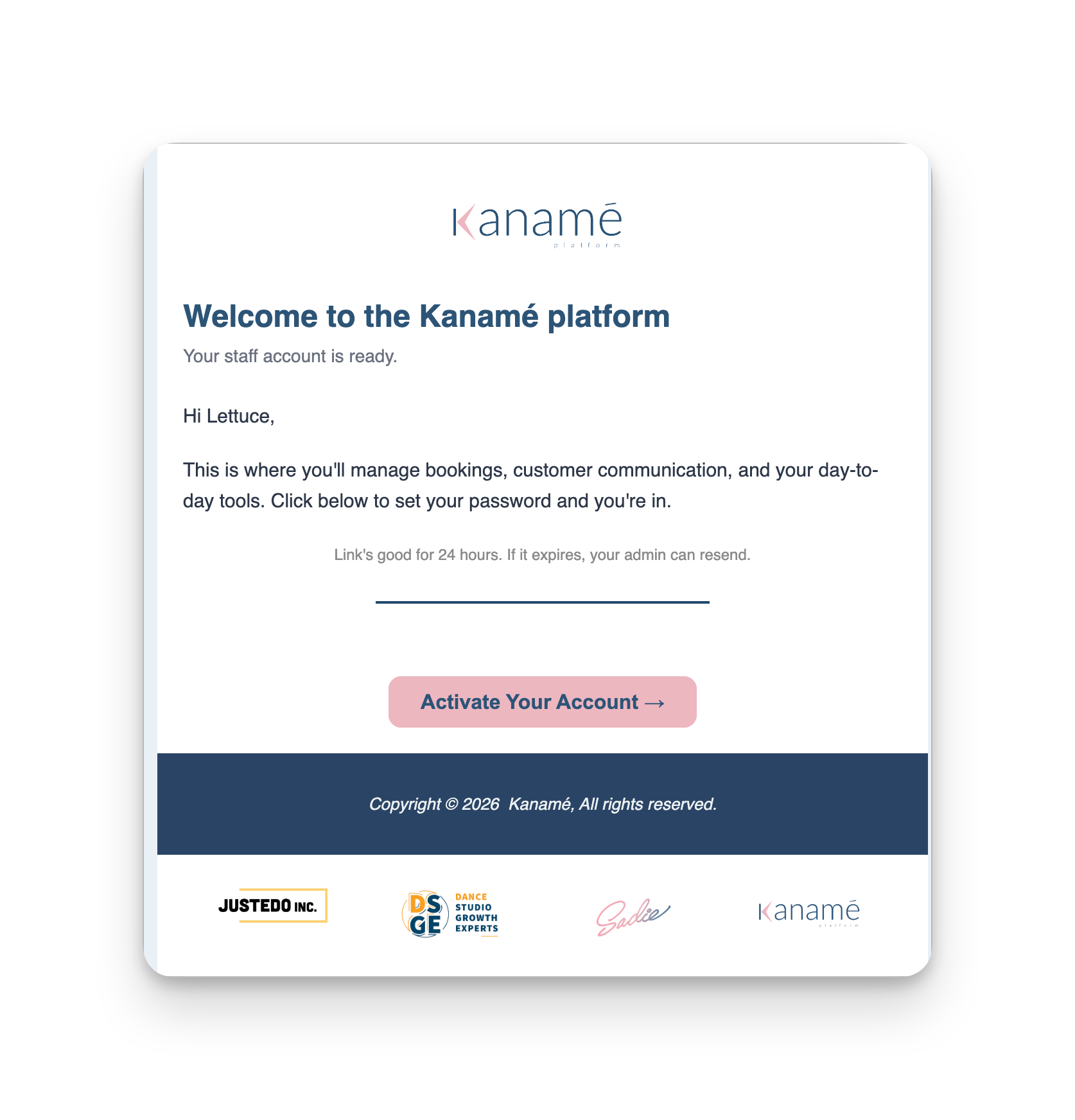 The welcome email Kanamé sends new staff